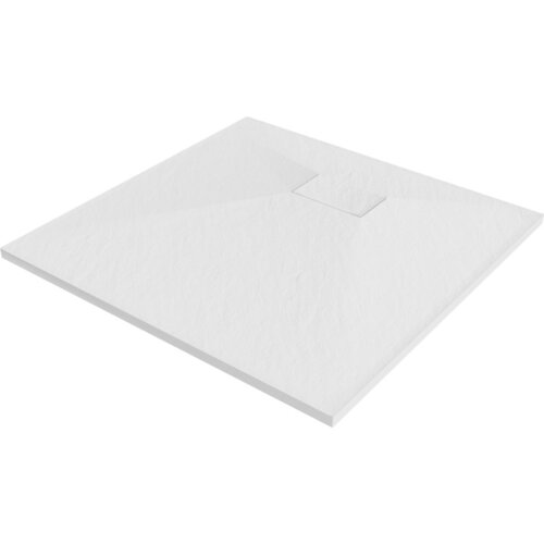 Kwadratowy, biały brodzik o gładkiej powierzchni z delikatną fakturą, z centralnie umieszczonym odpływem. Produkt to "Mexen Hugo brodzik kwadratowy SMC 80 x 80 cm, biały - 42108080".