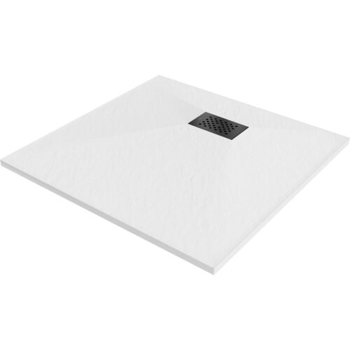 Kwadratowy, biały brodzik z czarną maskownicą na środku, o teksturowanej powierzchni. Produkt to "Mexen Hugo brodzik kwadratowy SMC 80 x 80 cm, biały, maskownica czarna - 42108080-B".
