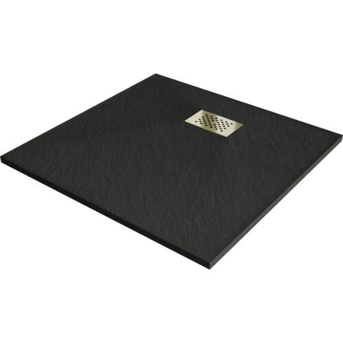 Czarny, kwadratowy brodzik z teksturowaną powierzchnią i złotą maskownicą odpływu. Produkt ma wymiary 90 x 90 cm.