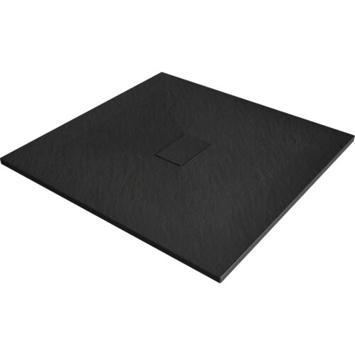 Kwadratowy, czarny brodzik o teksturowanej powierzchni z centralnie umieszczonym odpływem. Produkt wykonany z materiału SMC, o wymiarach 100 x 100 cm.