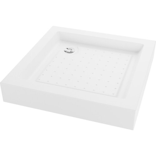 Kwadratowy, biały brodzik z widocznym odpływem i delikatnym wzorem na powierzchni. Produkt to "Mexen Rio brodzik kwadratowy 80 x 80 cm, biały - 45108080".