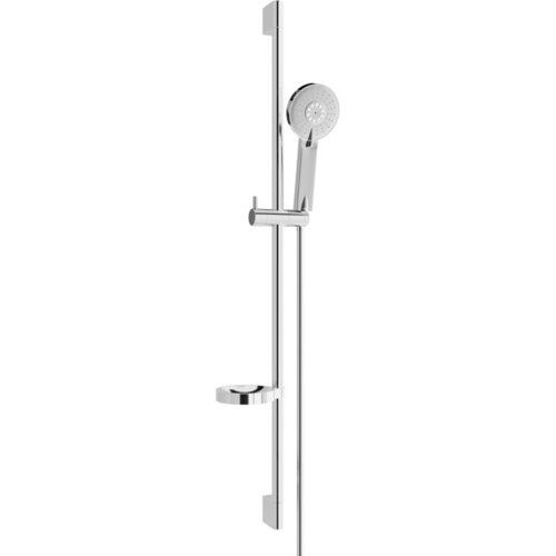 Zestaw prysznicowy suwany w kolorze chromu składa się z pionowej listwy, na której zamocowana jest słuchawka prysznicowa oraz uchwyt na mydło. Produkt ma nowoczesny design i metaliczne wykończenie.