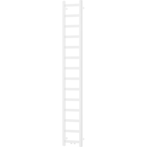 Biały grzejnik łazienkowy o pionowej konstrukcji złożonej z dwóch pionowych rur połączonych poziomymi szczeblami. Produkt ma prosty, minimalistyczny design.