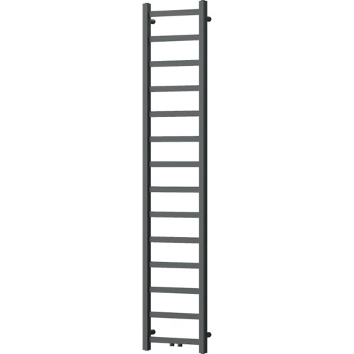 Wysoki, wąski grzejnik łazienkowy w kolorze antracytowym, składający się z dwóch pionowych rur połączonych poziomymi szczeblami. Produkt ma prosty, nowoczesny design.