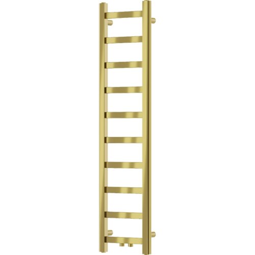 Złoty grzejnik łazienkowy o wymiarach 1200 x 300 mm z dziewięcioma poziomymi rurkami. Produkt ma prostokątny kształt i gładką powierzchnię.