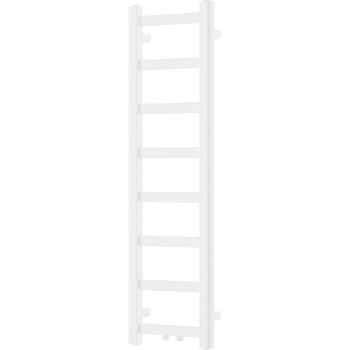 Biały grzejnik łazienkowy o prostokątnym kształcie z pionowymi i poziomymi rurkami, tworzącymi strukturę przypominającą drabinę. Produkt ma gładką powierzchnię i minimalistyczny design.