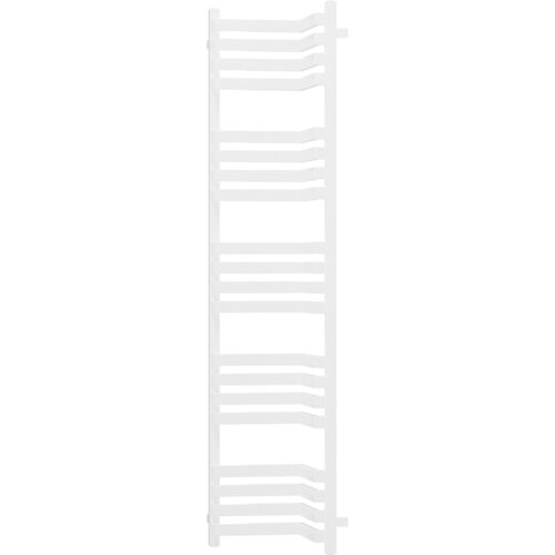 Na zdjęciu znajduje się biały grzejnik łazienkowy o prostokątnym kształcie, zbudowany z poziomych, równoległych rurek. Grzejnik ma nowoczesny design z kilkoma sekcjami rurek wygiętych pod kątem.