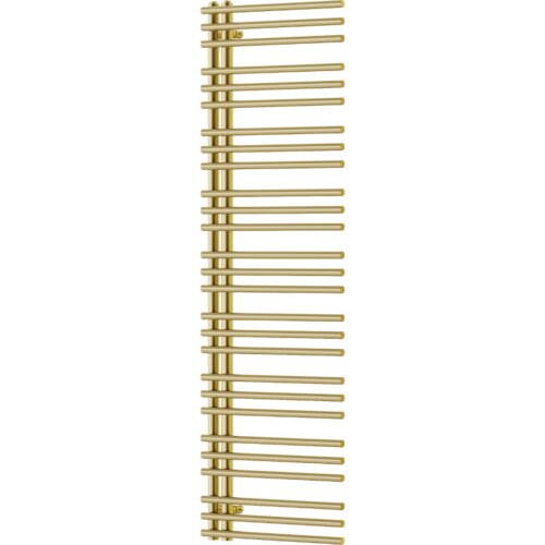 Złoty, dekoracyjny grzejnik łazienkowy o wymiarach 1600 x 500 mm z poziomymi rurkami rozmieszczonymi równomiernie wzdłuż pionowej konstrukcji. Produkt ma elegancki, nowoczesny design.