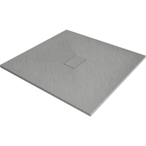 Kwadratowy, szary brodzik o teksturowanej powierzchni z centralnie umieszczonym prostokątnym odpływem. Produkt wykonany z materiału SMC, o wymiarach 100 x 100 cm.