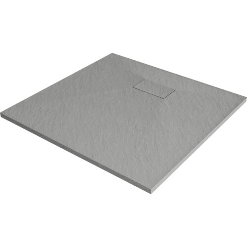 Kwadratowy, szary brodzik o teksturowanej powierzchni z centralnie umieszczonym prostokątnym odpływem. Produkt to "Mexen Hugo brodzik kwadratowy SMC 80 x 80 cm, szary - 42618080".