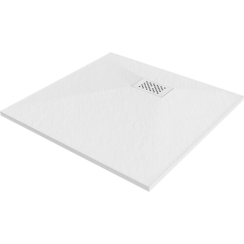 Kwadratowy, biały brodzik z delikatną fakturą powierzchni, posiada centralnie umieszczoną maskownicę z otworami. Produkt to "Mexen Hugo brodzik kwadratowy SMC 90 x 90 cm, biały, maskownica biała - 42109090-W".