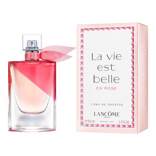Flakon perfum o różowym odcieniu z ozdobną wstążką obok pudełka z napisem "La vie est belle en rose" oraz "LANCÔME PARIS". Na pudełku widnieje również informacja "L'EAU DE TOILETTE" oraz pojemność "e 50 ml 1.7 FLOZ".
