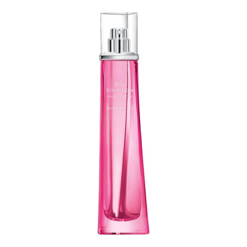 Różowa butelka perfum o smukłym kształcie z przezroczystym korkiem, na której widnieje napis: "Very Irresistible Eau de Toilette" oraz "Givenchy".