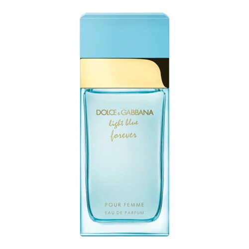 Na zdjęciu widoczna jest butelka perfum o niebieskim kolorze z jasnoniebieskim korkiem i złotym akcentem. Na butelce znajduje się tekst: "Dolce & Gabbana Light Blue Forever Pour Femme Eau de Parfum".
