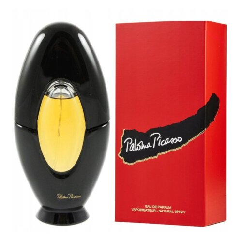 Czarno-żółty flakon perfum o opływowym kształcie stoi obok czerwonego pudełka z napisem "Paloma Picasso" oraz "Eau de Parfum Vaporisateur - Natural Spray".