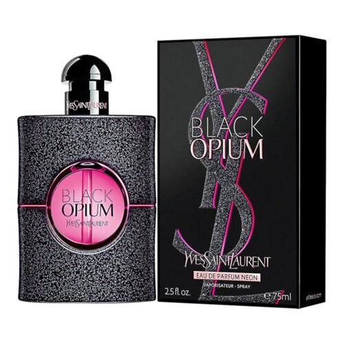 Czarne, błyszczące opakowanie perfum z różowymi akcentami, na którym widnieje napis "BLACK OPIUM Yves Saint Laurent" oraz flakon o podobnym wzorze z różowym okręgiem i tym samym napisem. Na pudełku znajduje się dodatkowy tekst: "EAU DE PARFUM NEON VAPORISATEUR - SPRAY 2.5 fl. oz. e 75 ml".