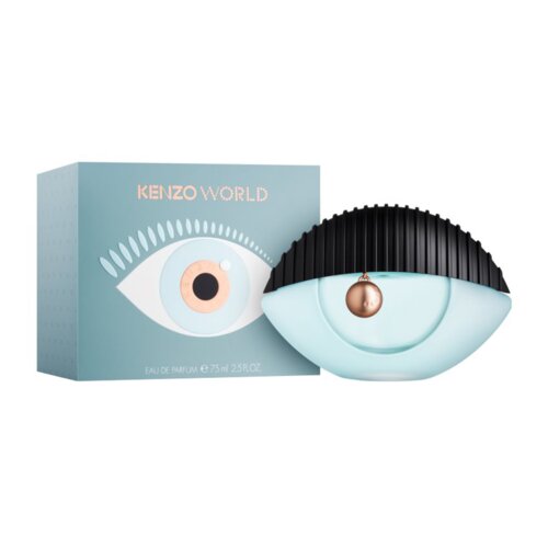 Na zdjęciu widoczna jest butelka perfum o unikalnym kształcie przypominającym oko, obok której znajduje się pudełko z napisem "KENZO WORLD". Na pudełku znajduje się również grafika oka oraz tekst "EAU DE PARFUM 75 ml 2.5 FL.OZ".