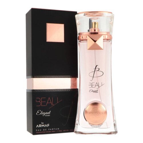 Na zdjęciu znajduje się flakon perfum o eleganckim designie, obok którego stoi czarne pudełko z miedzianymi akcentami. Na pudełku widnieje napis: "BEAU Elegant women by ARMAF EAU DE PARFUM VAPORISATEUR NATURAL SPRAY 100ML 80% VOL".