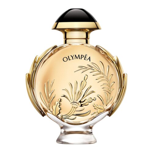 Butelka perfum o okrągłym kształcie z przezroczystego szkła, ozdobiona złotymi elementami i roślinnym wzorem, z czarnym i złotym korkiem. Na butelce widoczny jest napis "OLYMPÉA".