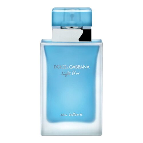 Na zdjęciu widoczna jest butelka perfum o niebieskim kolorze z napisem "Dolce & Gabbana Light Blue Eau Intense". Butelka ma prostokątny kształt z przezroczystym korkiem.