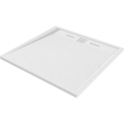 Kwadratowy, biały brodzik z delikatną fakturą powierzchni i prostokątnym odpływem liniowym. Produkt to "Mexen Amon brodzik kwadratowy SMC 80 x 80 cm, biały - 4F108080".