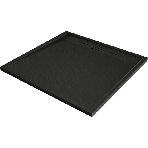 Kwadratowy, czarny brodzik o teksturowanej powierzchni z widocznymi otworami odpływowymi w górnej części. Produkt wykonany z materiału SMC, o wymiarach 90 x 90 cm.