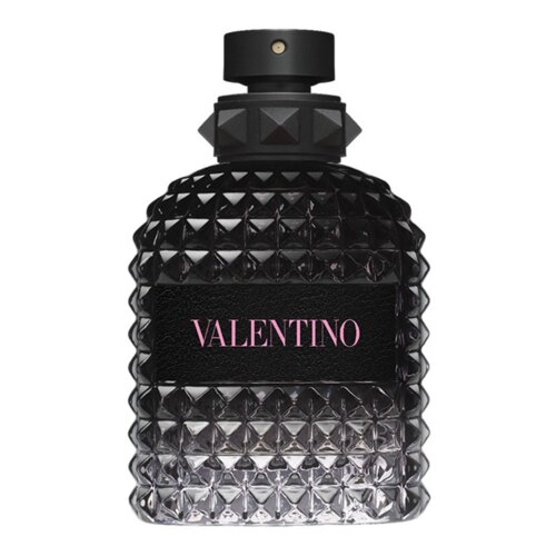 Butelka perfum o fakturze przypominającej diamentowy wzór, z czarnym korkiem i etykietą z napisem "VALENTINO" w różowym kolorze.