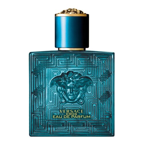 Kwadratowy, niebieski flakon perfum z ozdobnym wzorem i wytłoczonym wizerunkiem meduzy, z napisem "VERSACE EROS EAU DE PARFUM" w złotym kolorze. Korek flakonu jest również niebieski z złotymi elementami na górze.