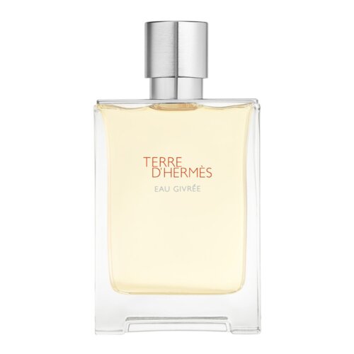 Przezroczysta butelka perfum z metalowym korkiem, wypełniona jasnym płynem. Na butelce widnieje napis: "TERRE D'HERMÈS EAU GIVRÉE".