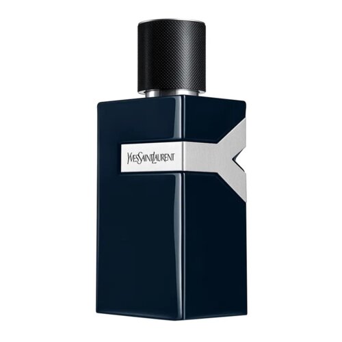 Ciemnoniebieska butelka perfum o prostokątnym kształcie z czarnym, teksturowanym korkiem, ozdobiona srebrnym elementem w kształcie litery "Y" z napisem "Yves Saint Laurent".