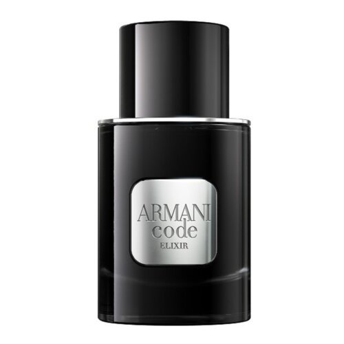 Czarny flakon perfum z metaliczną etykietą, na której widnieje napis "ARMANI code ELIXIR". Flakon ma prosty, elegancki design z ciemnym, błyszczącym wykończeniem.