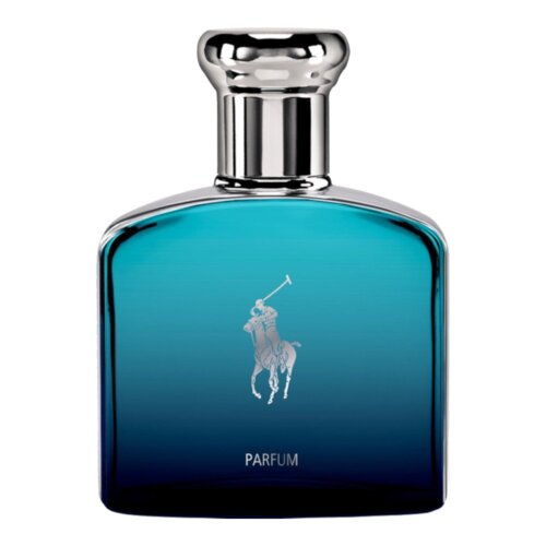 Butelka perfum o pojemności 125 ml z gradientowym niebieskim szkłem, ozdobiona srebrnym logo przedstawiającym jeźdźca na koniu. Na dole widnieje napis "PARFUM".