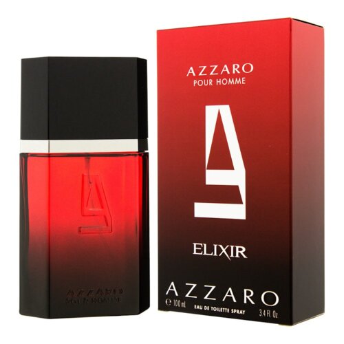 Czerwono-czarna butelka perfum z napisem "AZZARO POUR HOMME" oraz "ELIXIR" obok czerwonego pudełka z tymi samymi napisami. Na pudełku widnieje również duża litera "A" oraz informacja "100 mL EAU DE TOILETTE SPRAY".