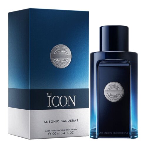 Na zdjęciu widoczna jest ciemnoniebieska butelka perfum oraz pasujące do niej opakowanie. Na opakowaniu i butelce znajduje się napis: "THE ICON ANTONIO BANDERAS EAU DE TOILETTE NATURAL SPRAY FOR MEN 100 ml 3.4 FL OZ".