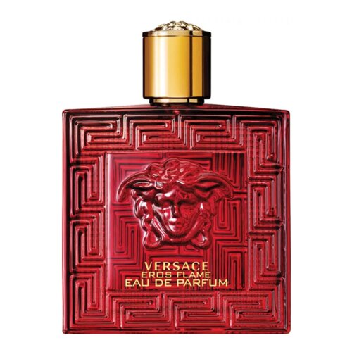 Czerwony flakon perfum z reliefowym wzorem i złotym korkiem, na którym widnieje napis: "VERSACE EROS FLAME EAU DE PARFUM". Na środku butelki znajduje się wypukły wizerunek głowy Meduzy.