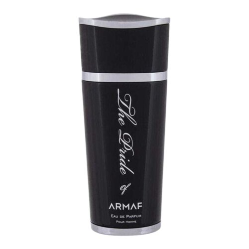 Czarny flakon perfum o cylindrycznym kształcie z metalicznymi akcentami, na którym widnieje napis "The Pride of Armaf" oraz "ARMAF Eau De Parfum Pour Homme".