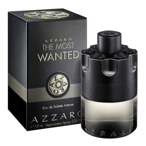 Czarne opakowanie z napisem "AZZARO THE MOST WANTED Eau de Toilette Intense" oraz flakon perfum o cylindrycznym kształcie z teksturą i napisem "AZZARO" na dole. Pojemność 100 ml, Vaporisateur Spray 3.38 Fl.