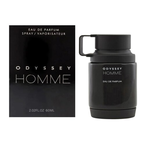 Czarne opakowanie i flakon perfum z napisem "ODYSSEY HOMME EAU DE PARFUM". Na opakowaniu widnieje dodatkowo tekst "EAU DE PARFUM SPRAY/VAPORISATEUR 2.02FL.OZ 60ML".