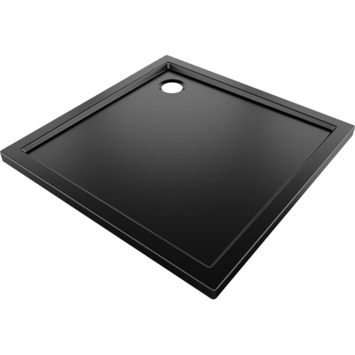 Kwadratowy brodzik w kolorze czarnego matu z widocznym otworem odpływowym w jednym z rogów. Produkt ma smukły design i gładką powierzchnię.