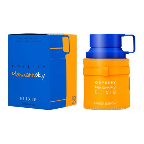 Na zdjęciu znajduje się niebiesko-pomarańczowe opakowanie oraz flakon perfum z napisem "Odyssey Mandarin Sky Elixir Limited Edition". Flakon jest pomarańczowy z niebieską zakrętką i uchwytem, a na opakowaniu widnieje napis "Eau de Parfum Spray/Vaporisateur For Men".