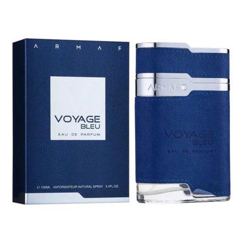 Niebieskie opakowanie i flakon perfum z metalicznymi akcentami, na których widnieje napis "VOYAGE BLEU EAU DE PARFUM". Na opakowaniu znajduje się również napis "ARMAF" oraz informacja o pojemności: "100ML VAPORISATEUR NATURAL SPRAY 3.4FL.OZ".