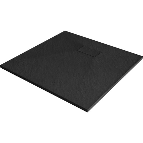 Kwadratowy, czarny brodzik o teksturowanej powierzchni z centralnie umieszczonym odpływem. Produkt wykonany z materiału SMC, o wymiarach 80 x 80 cm.