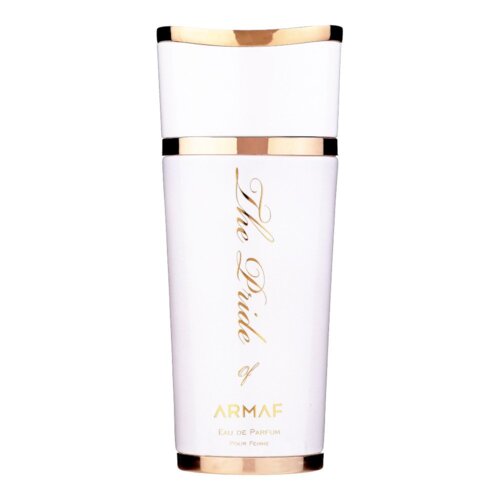 Biały flakon perfum z złotymi akcentami i napisami: "The Pride of ARMAF" oraz "Eau de Parfum Pour Femme".