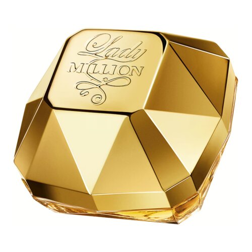 Złoty flakon perfum o geometrycznym kształcie z wygrawerowanym napisem "Lady Million". Flakon ma błyszczącą powierzchnię i przypomina diament.
