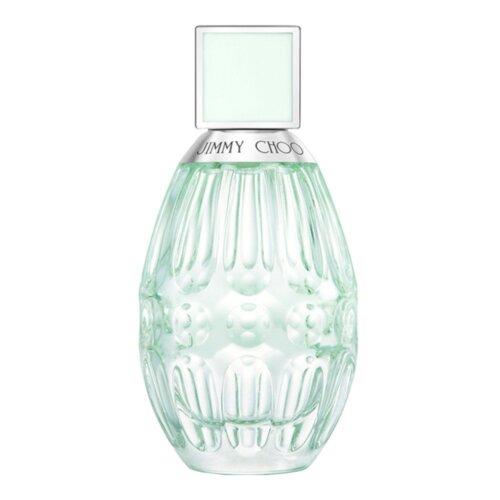 Butelka perfum o pojemności 90 ml z przezroczystego szkła o zielonkawym odcieniu, z ozdobnym wzorem i srebrnym korkiem, na którym widnieje napis "JIMMY CHOO".