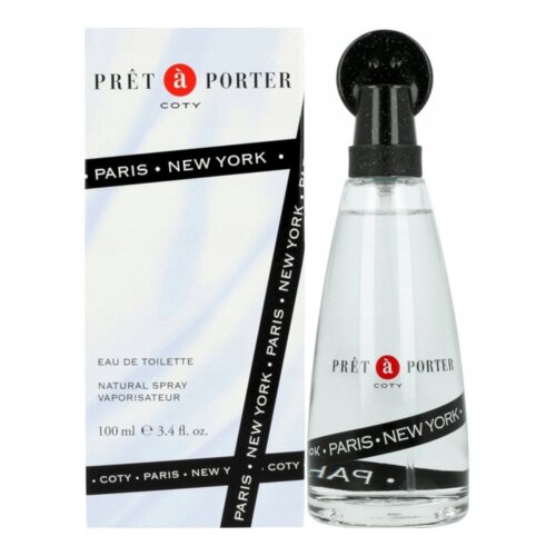 Opakowanie i flakon wody toaletowej Coty Prêt à Porter o pojemności 100 ml. Na opakowaniu i flakonie widoczny jest napis "PRÊT à PORTER COTY" oraz "PARIS • NEW YORK".