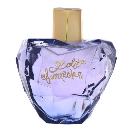 Fioletowy flakon perfum o nieregularnym, kryształowym kształcie z złotym napisem "Lolita Lempicka" na froncie. Złoty korek wieńczy butelkę.