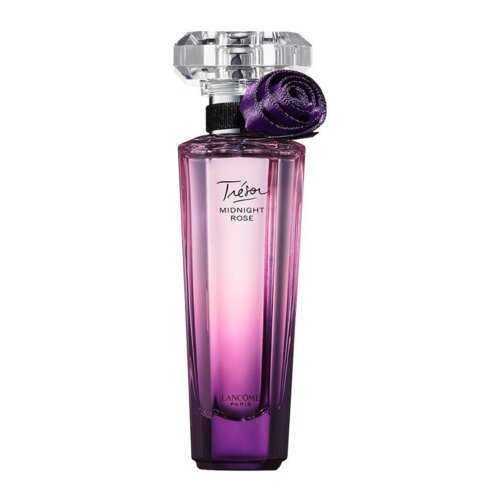 Fioletowy flakon perfum o gradientowym wykończeniu z przezroczystym korkiem i ozdobną fioletową różą. Na flakonie widoczny jest tekst: "Trésor Midnight Rose" oraz "Lancôme Paris".