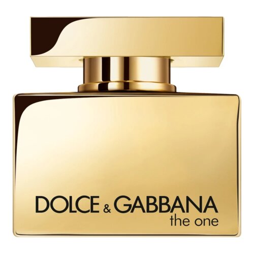 Złoty flakon perfum o prostokątnym kształcie z napisem "DOLCE & GABBANA the one" na przedniej stronie. Flakon ma masywny, złoty korek o geometrycznym kształcie.