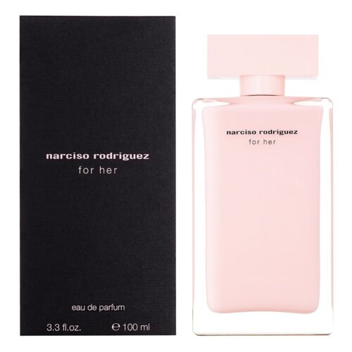 Czarne opakowanie z różowym napisem "narciso rodriguez for her" oraz różowy flakon perfum z tym samym napisem. Na opakowaniu znajduje się również tekst "eau de parfum 3.3 fl. oz. e 100 ml".